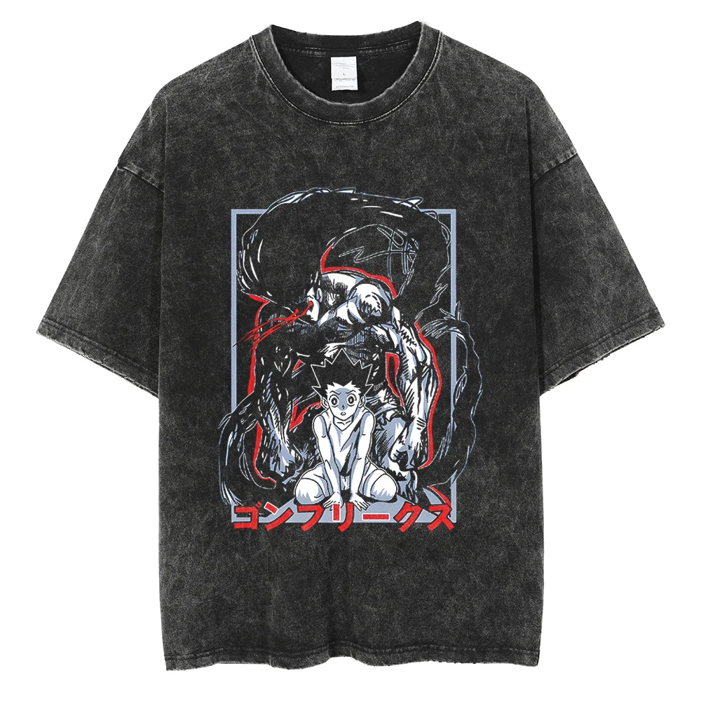 

Hot Anime HUNTER×HUNTER GON·FREECSS Printed T-shirt Men Women Washed Cotton Tshirts Manga Vintage TShirt Harajuku Male T Shirt