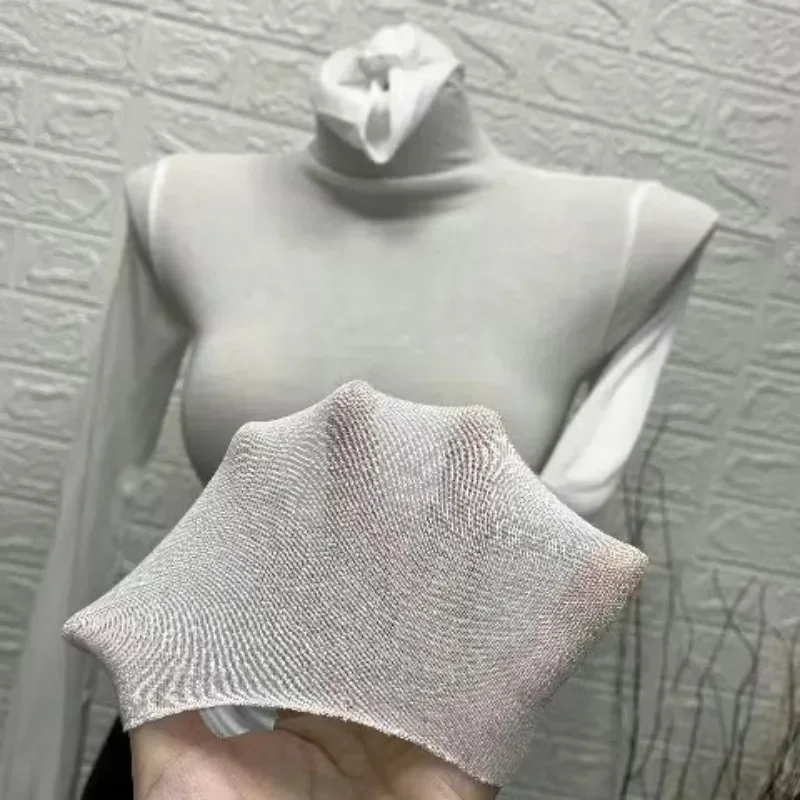 Thin Soft American Long Sleeve T-shirt High Stacked Neck Tight Perspective Bottom Shirt Women's Slim Fit Tops Sexy Streetwear