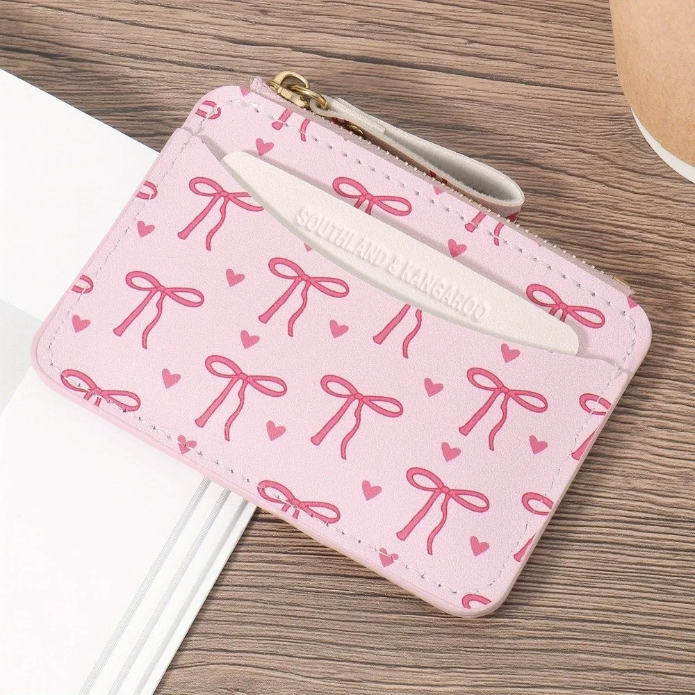Fashion Slim PVC Card Holder with Bow, Lightweight Roomy Credit Card Case Coin Purse for Women Girls