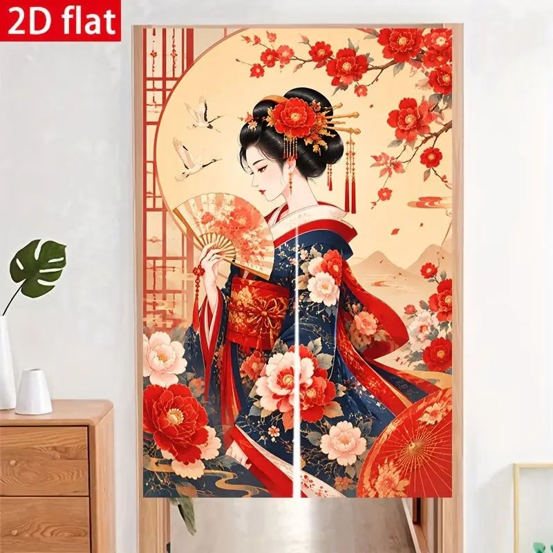 VIKAMA Oriental Japanese Geisha Noren Door Curtain Kimono Peony Crane Half Doorway Curtain for Kitchen Bedroom Home Room Decor