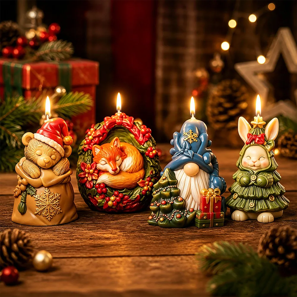 Christmas Rabbit Fox Bear Candle Mold DIY Handmade Xmas Decorative Cartoon Dwarf Santa Clause Plaster Resin Mold Making Supplies