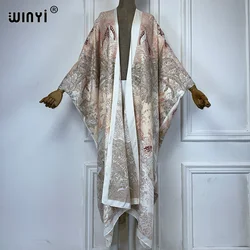 WINYI boho print Kimono loose Cardigan beach outfits covers holiday swimwear evening dress long down coat party dress beach wear