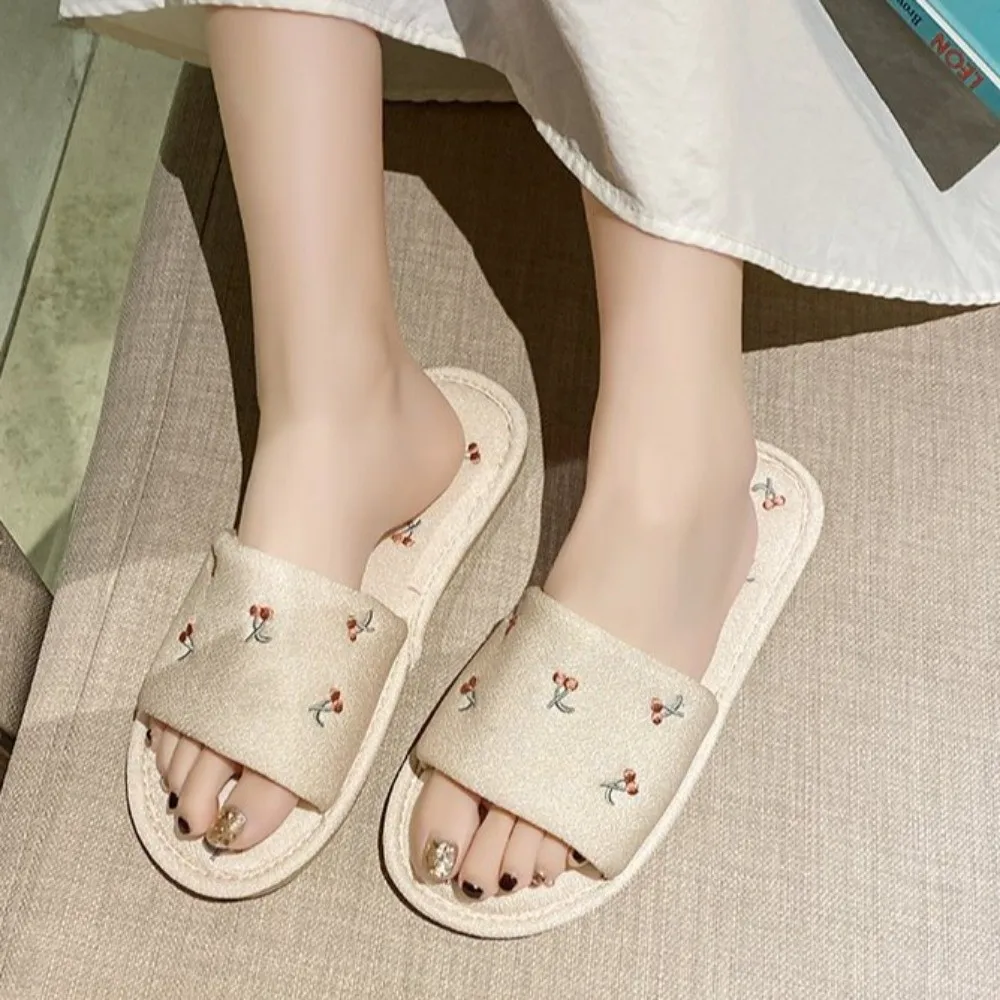 

Cartoon Cherry Cotton Linen Slippers Cherry Flat Bottomed Korean Slides Sandals Ins Style Platform Fruits Cherry Slippers Women