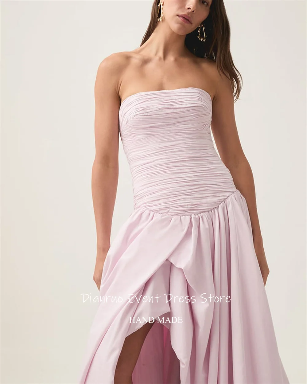 Dianruo rose clair froncé robes de soirée sans bretelles fente latérale longues robes de soirée élégantes Maxi robes de bal pour les femmes personnalisées