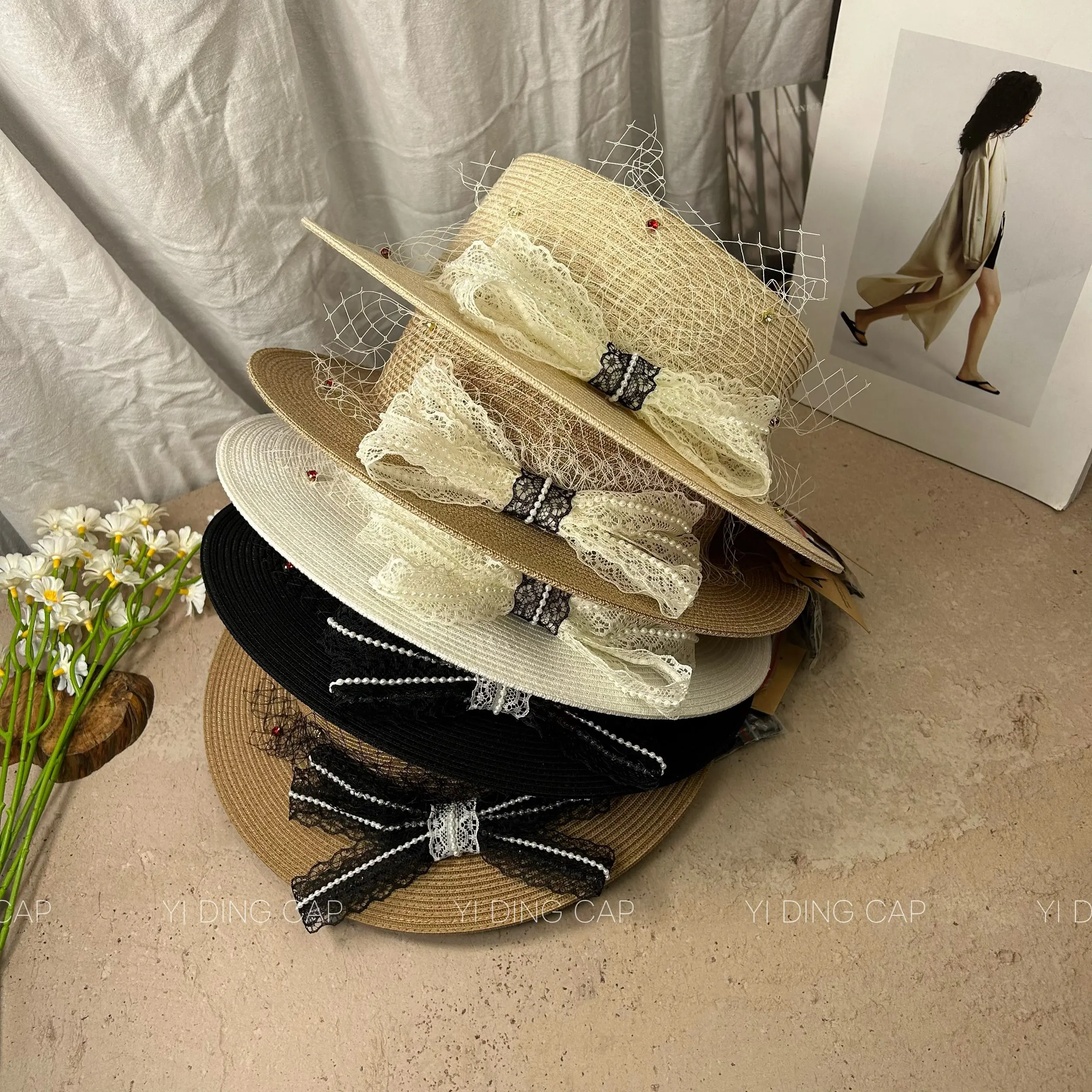 Japanese Linen Style Straw Flat Top Sun Hat for Women, Lace Rhinestone Bow Decor, Summer Woven Fedora UV Protection