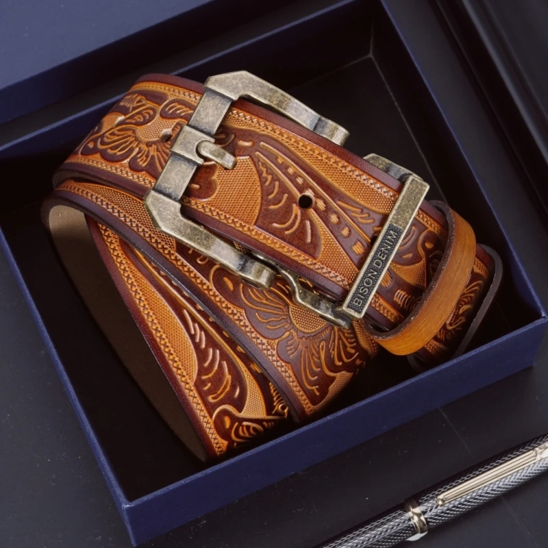 

BISON DENIM Genuine Leather Cowhide Men Belt Vintage Waist Strap Fashion Pin Buckle Male Best Gift Casual Belts for Jeans