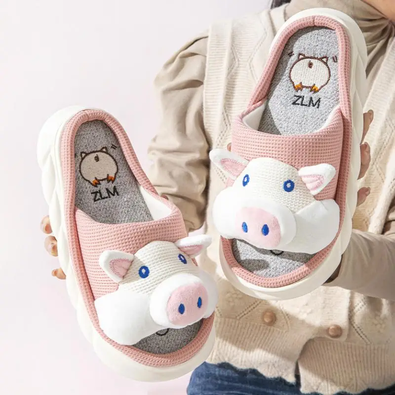 Casual Platform Slippers Women Home Cotton Hemp Cute Cartoon Pig Designer Shoes Girls Flats Fashion Popular Footwear Large Size