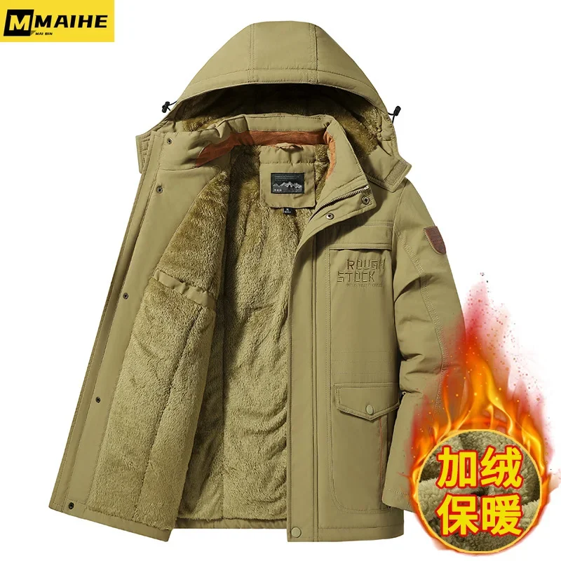 

Punk-style hooded parka for men Winter fleece padded coat Vintage Retro multi-pocket outdoor work suit windproof ski jacket