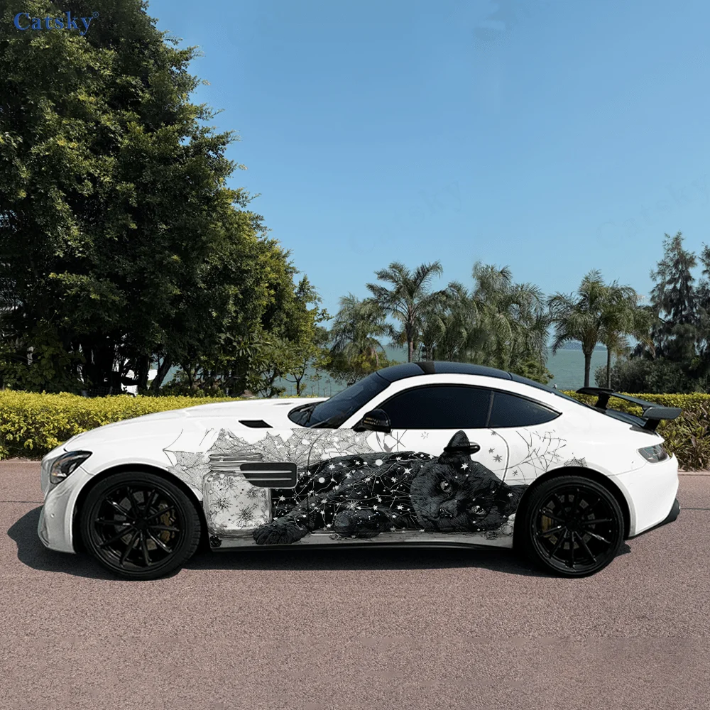 2pcs.Cool Retro Warm & Cute Kitten with Spider Web Car Wrap Sticker.Automotive Sticker.car vinyl wraps