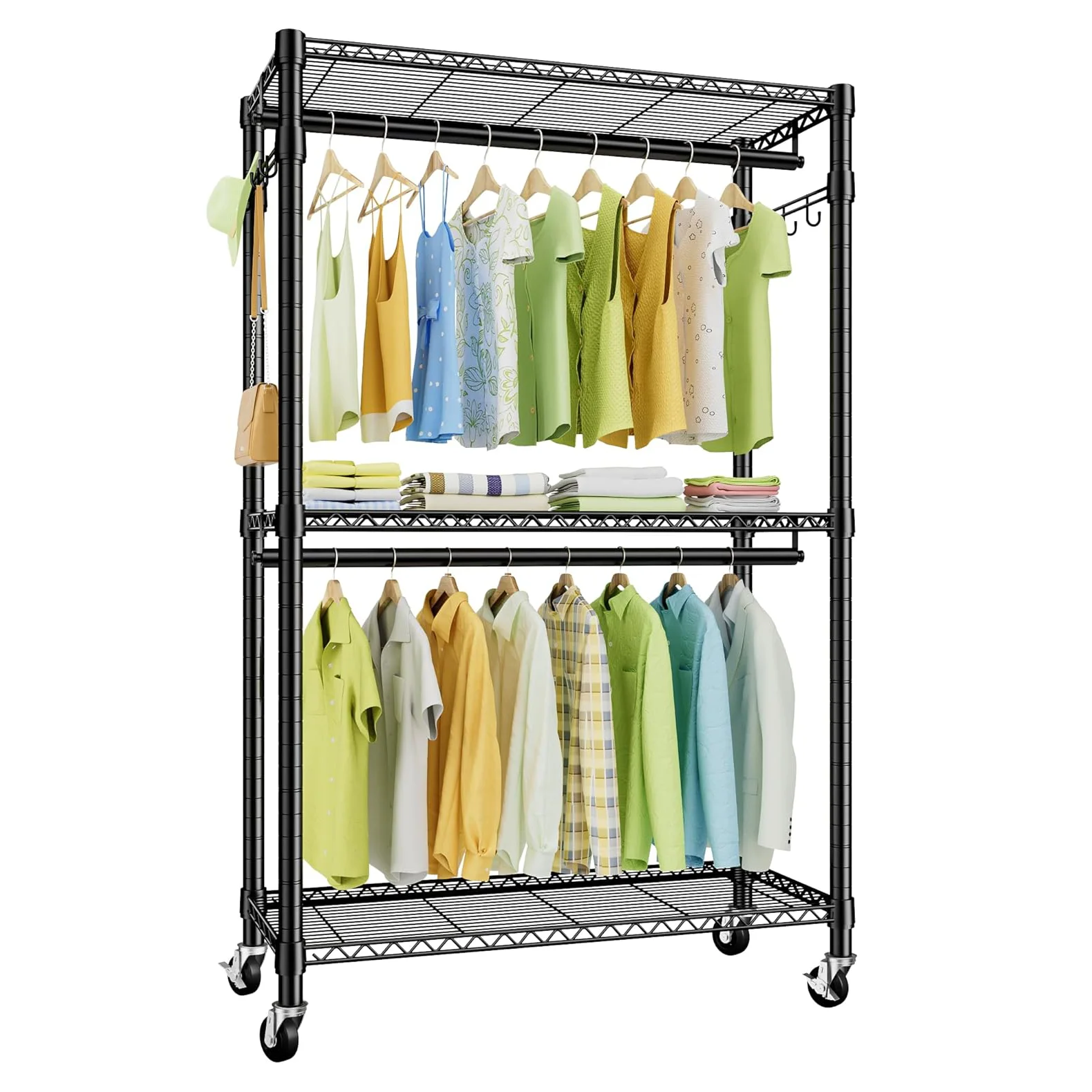 

36-Inch Heavy-Duty Foldable Chrome Plated Stainless Steel Three-Layer Wardrobe Cloth Hanger Rack Wheels Side Clothing Organizer