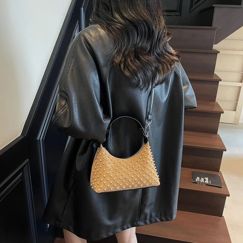 2025 Autumn & Winter New Style Faux Suede Half Moon Shoulder & Crossbody Bags Solid Zipper Beading Retro Handbags for Women #4