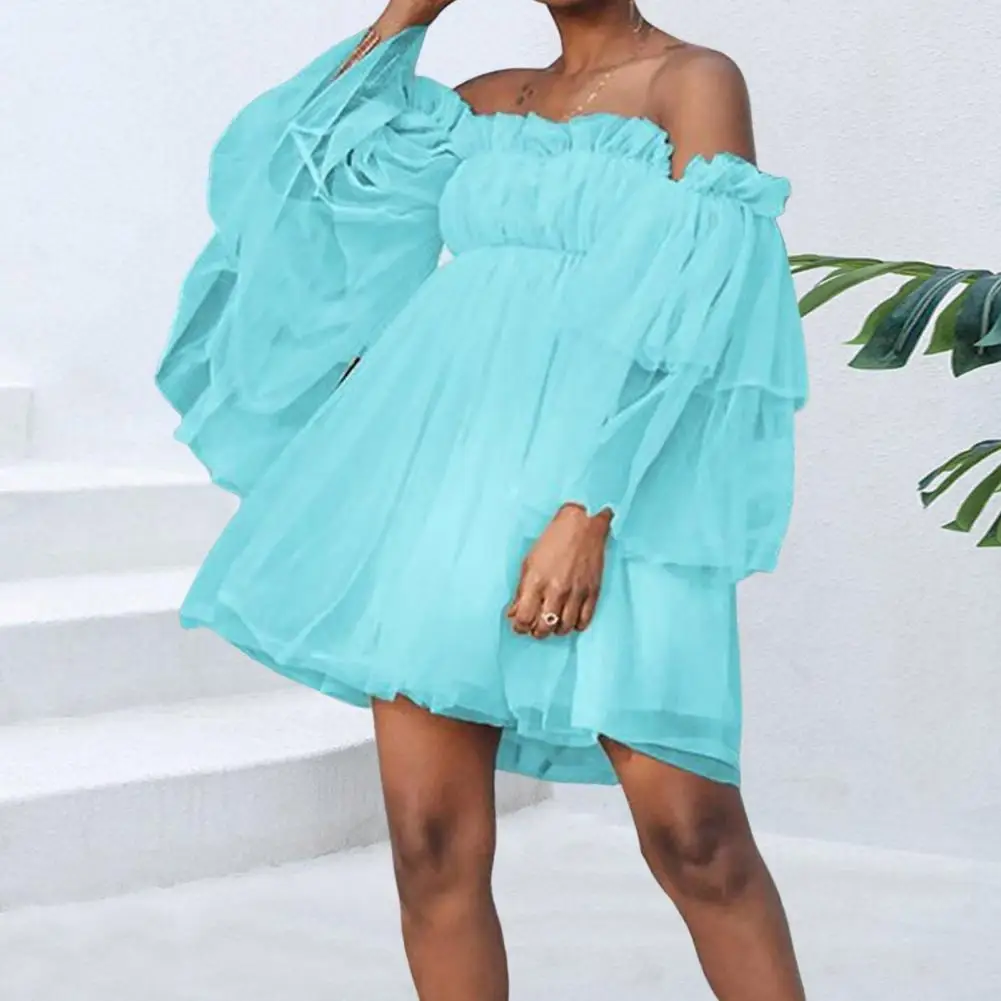 

Solid Color High Waist Dress Elegant Off-shoulder Mesh Layered A-line Dress for Women High Waist Solid Color Princess for Prom