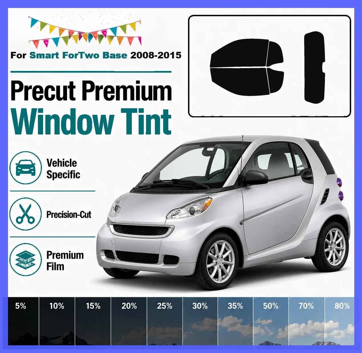 Precision Cut Full Window Tint Kit for Smart ForTwo Base 2008-2015, Vehicle-Specific Pre-Cut Film for Front and Rear Windows