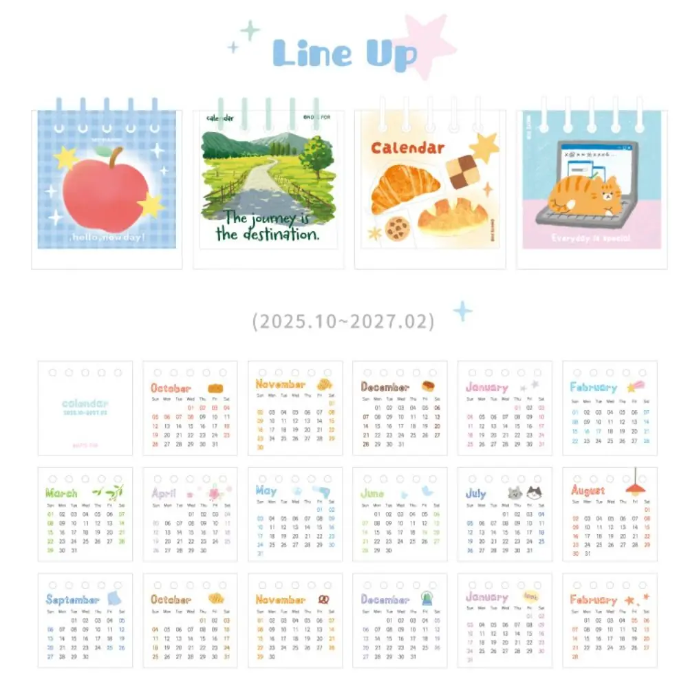 2025 de outubro - fevereiro. 2027 Mini calendário de mesa de papel grosso design de desenho animado calendário de exibição de mesa estudo diário calendário inglês fofo