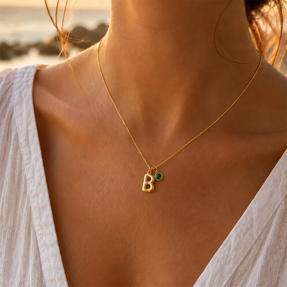 Personalized Bubble Letter Necklace with Birthstone for Women Elegant Custom Stainless Steel Heart Round Stone Pendant Jewelry