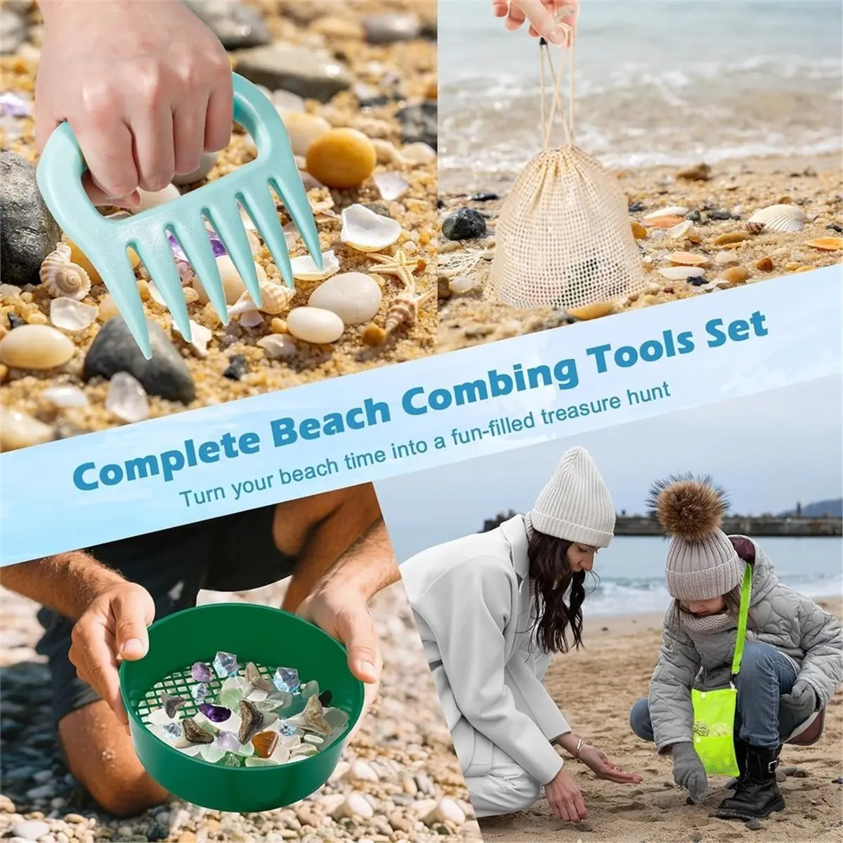 SharkTooth Sifter Tools Sand Shovel Rake with Sand Sifters & Mesh Beach Bag & Seashell Sack Plastic Sand Shell Scooper