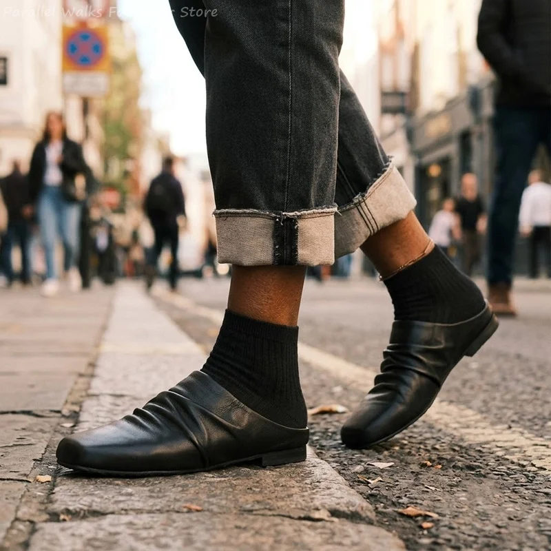 Men Mules Sneakers Pleated Leather Square Toe Slip On Half Slippers Backless Footwear Flat Casual Vintage Walking Shoes Men New