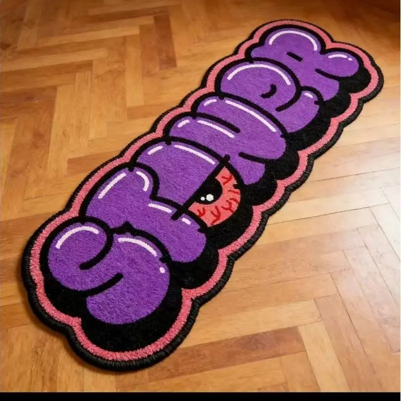 VIKAMA Purple Graffiti Letter Shaped Area Rug Cool One Eye Monster Non‑Slip Soft Floor Mat for Living Room Bedroom Home Decor
