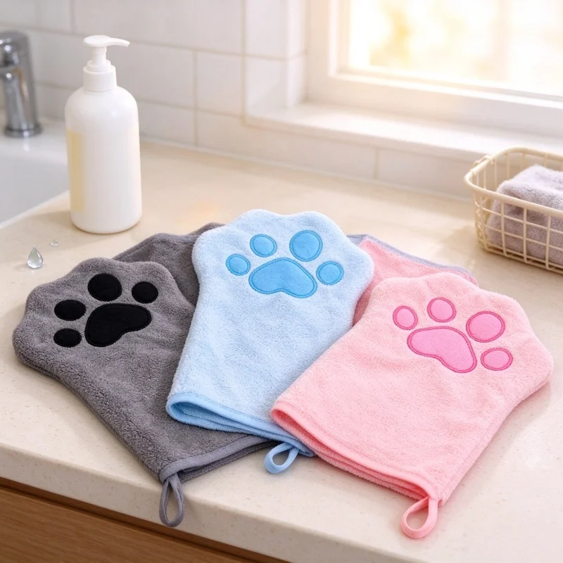 Quick Dry Pet Bath Towel Glove Super Absorbent Dog Cat Bathing Gloves Paw Design Pet Grooming Cleaning Towel for Puppy Kitten