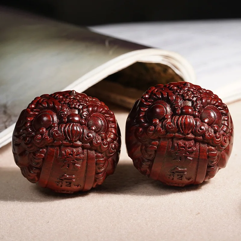 Pair Of Fine Auspicious Carved African Red Sandalwood Massage Balls Chinese New Classical Style Collectible Handheld Craft Gift