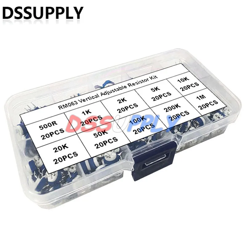 200PCS Free Box RM063 Vertical Adjustable Resistor Kit 500 1K 2K 5K 10K 20K 50K 100K 200K 1M Multiturn Trimmer Potentiometer Set