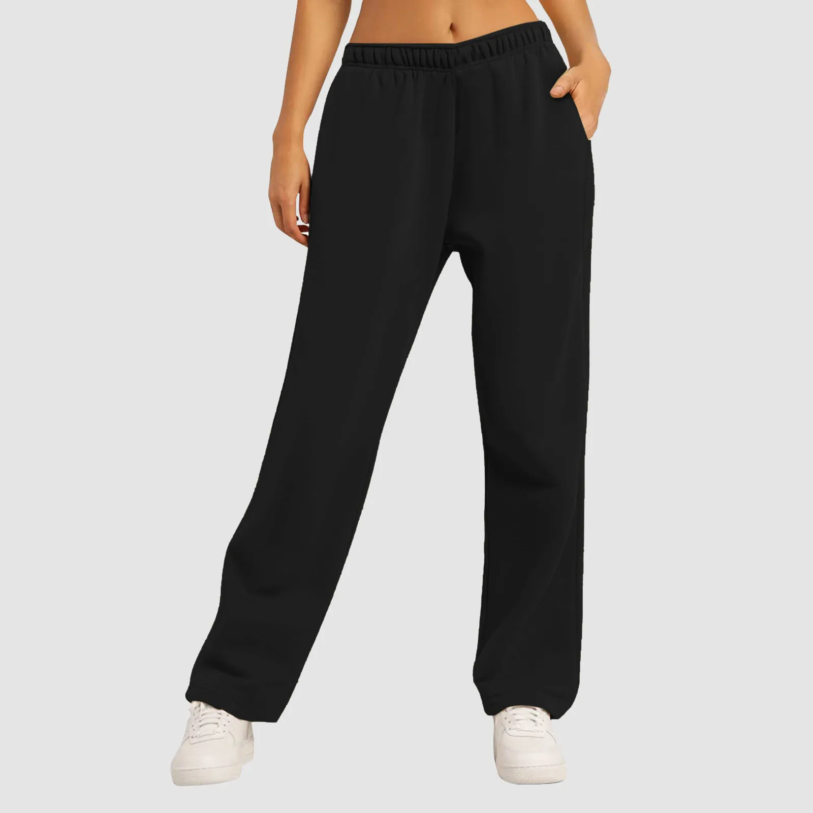 Calça de moletom feminina forrada de lã, perna larga e reta, calça de moletom inferior, corrida, treino, alta negócios, casual, calça feminina