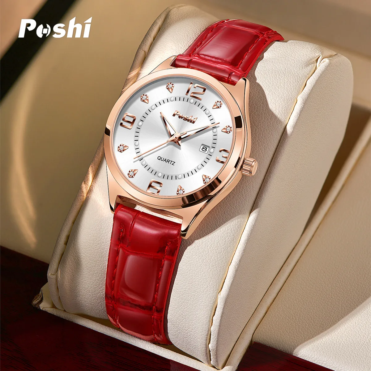 POSHI 972 Fashion Quartz Watch Casual Ladies Dress Wristwatch Leather Strap With Date Life Waterproof Original Watches Girls