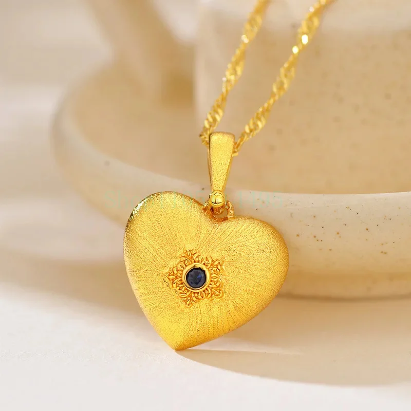 

Luxury 24K 9999 Pure Gold real gold Women's Wire-drawing Craft Blue Diamond Heart-shaped Pendant