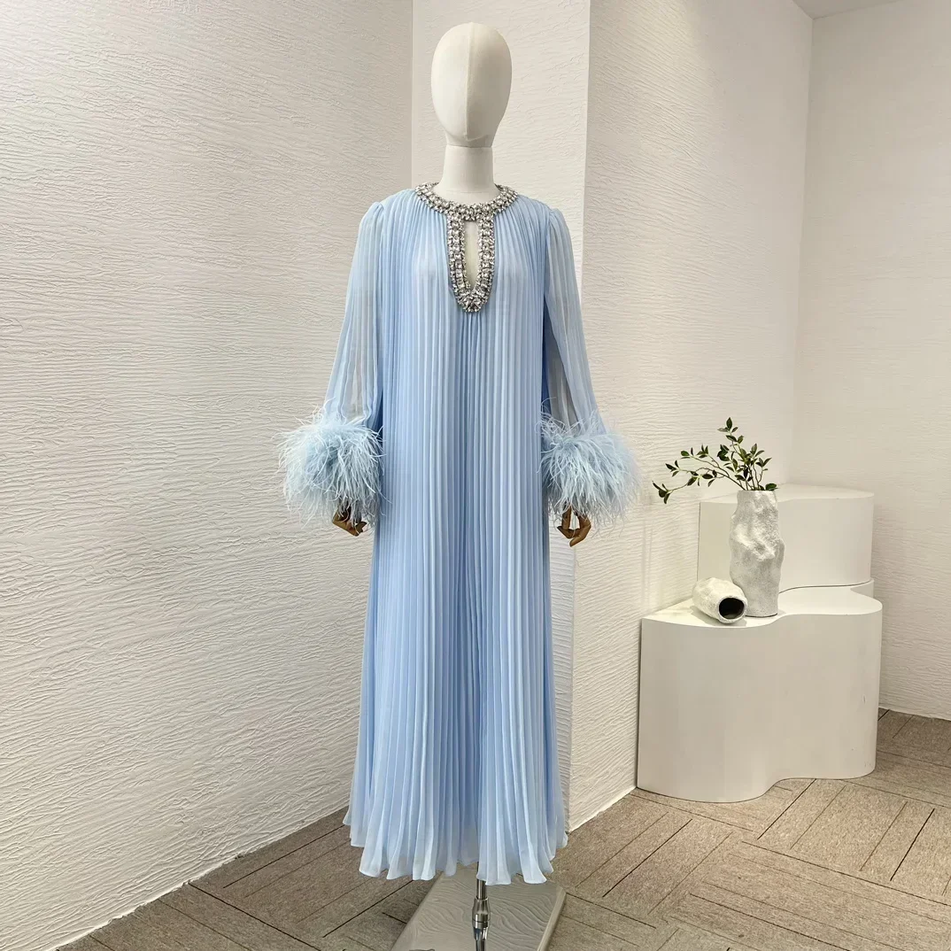 2024 New Collection Women Blue Ruched Pleat Feather Diamonds Top Quality Luxury Dress