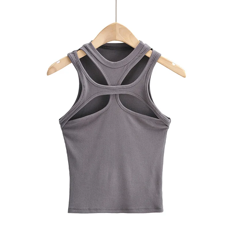 Girls New Asymmetrical Hollow Solid Color Knitted Round Neck Short-sleeved Summer Sexy Vest on The Chest