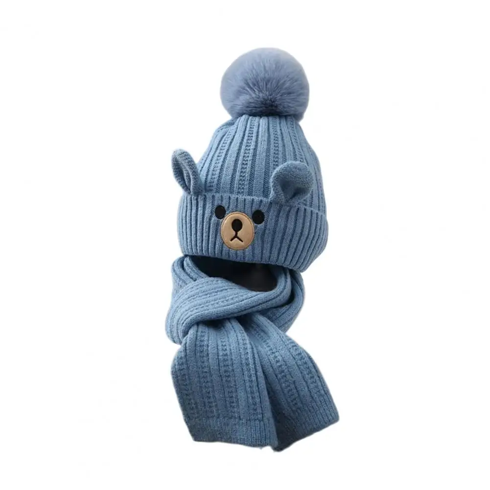 

Cozy Winter Hat Set Cozy Kids Hat Scarf Set with Plush Ball Decor Bear Pattern Windproof Design Soft Touch Knitting for Children