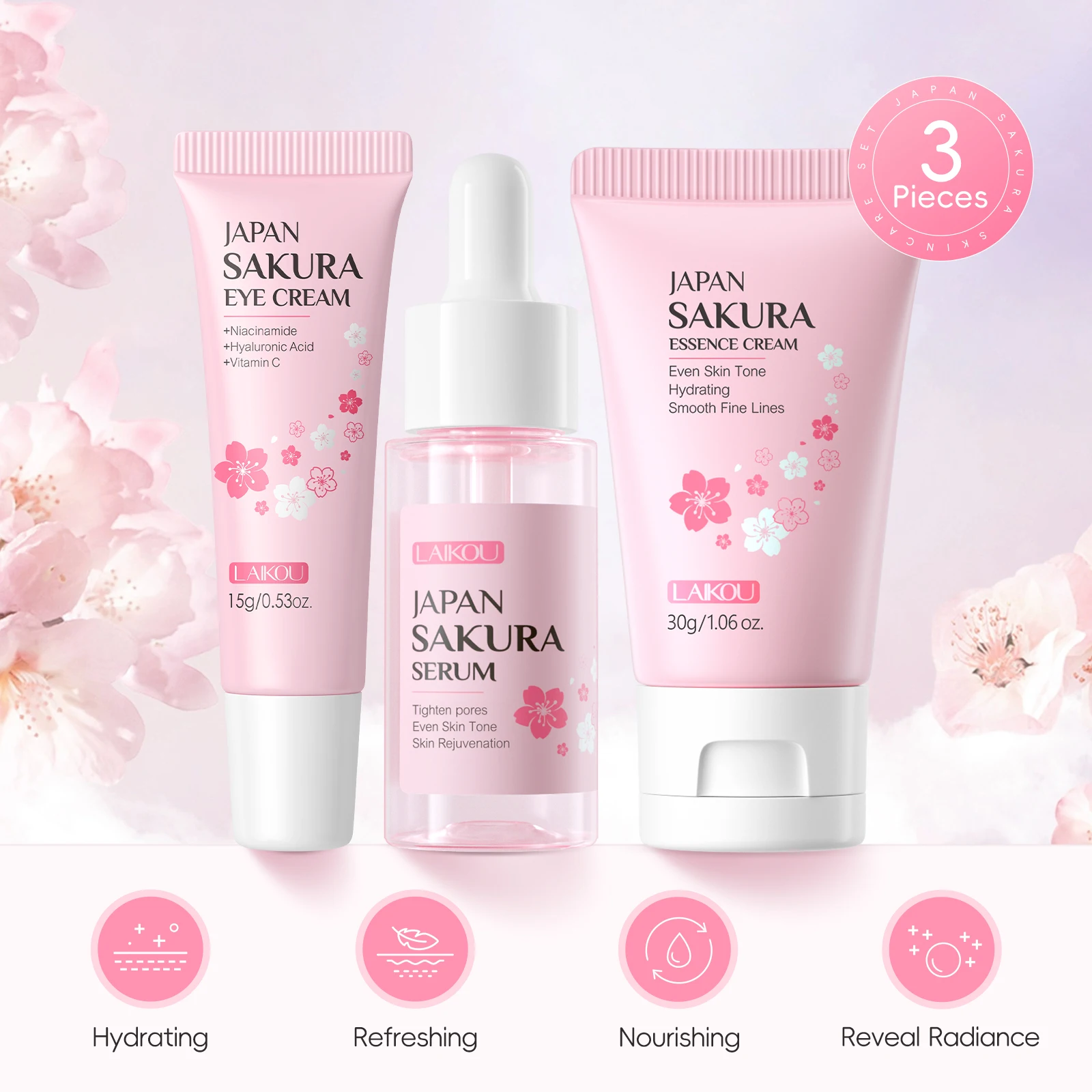 

LAIKOU Japan Sakura Skincare Set 3PCS Hydrating Anti-Aging Trio Eye Cream Serum Moisturizer Brightening Treatment Kit
