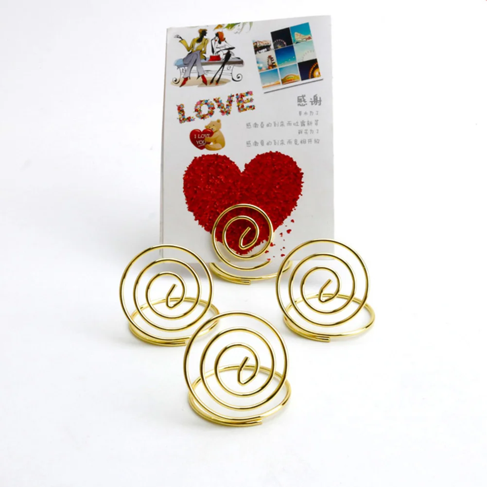 

24 pcs Desktop Photo Clips Heart Shape Stainless Steel Table Number Holders Menu Name Card Stand Spiral Base Decor Golden