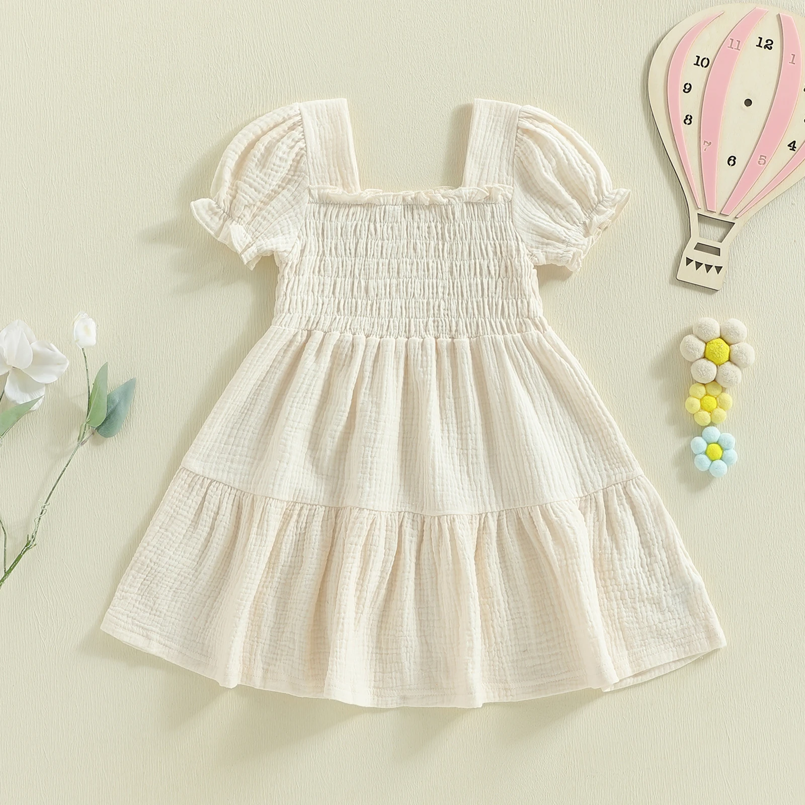 1-6Years Toddler Little Girl Summer Dress Smocked Short Puff Sleeve Square Neck A-line Princess Dresses