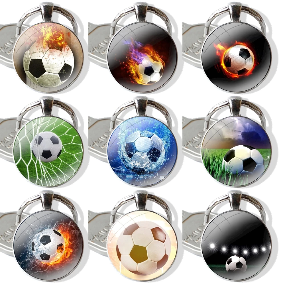 Glass Metal Pendant Key Chain Classic Men Women Key Ring Accessories Jewelry Gifts Fire Football Soccer ball