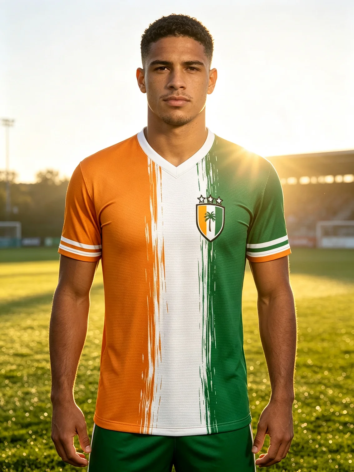 2026 Cote d'Ivoire V-neck soccer jersey, orange-white-green flag stripes, team badge, quick-dry fabric