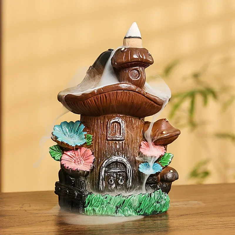 1pc Mushroom Fairy House Resin Backflow Incense Burner Waterfall Smoke Incense Holder (Without Incense)