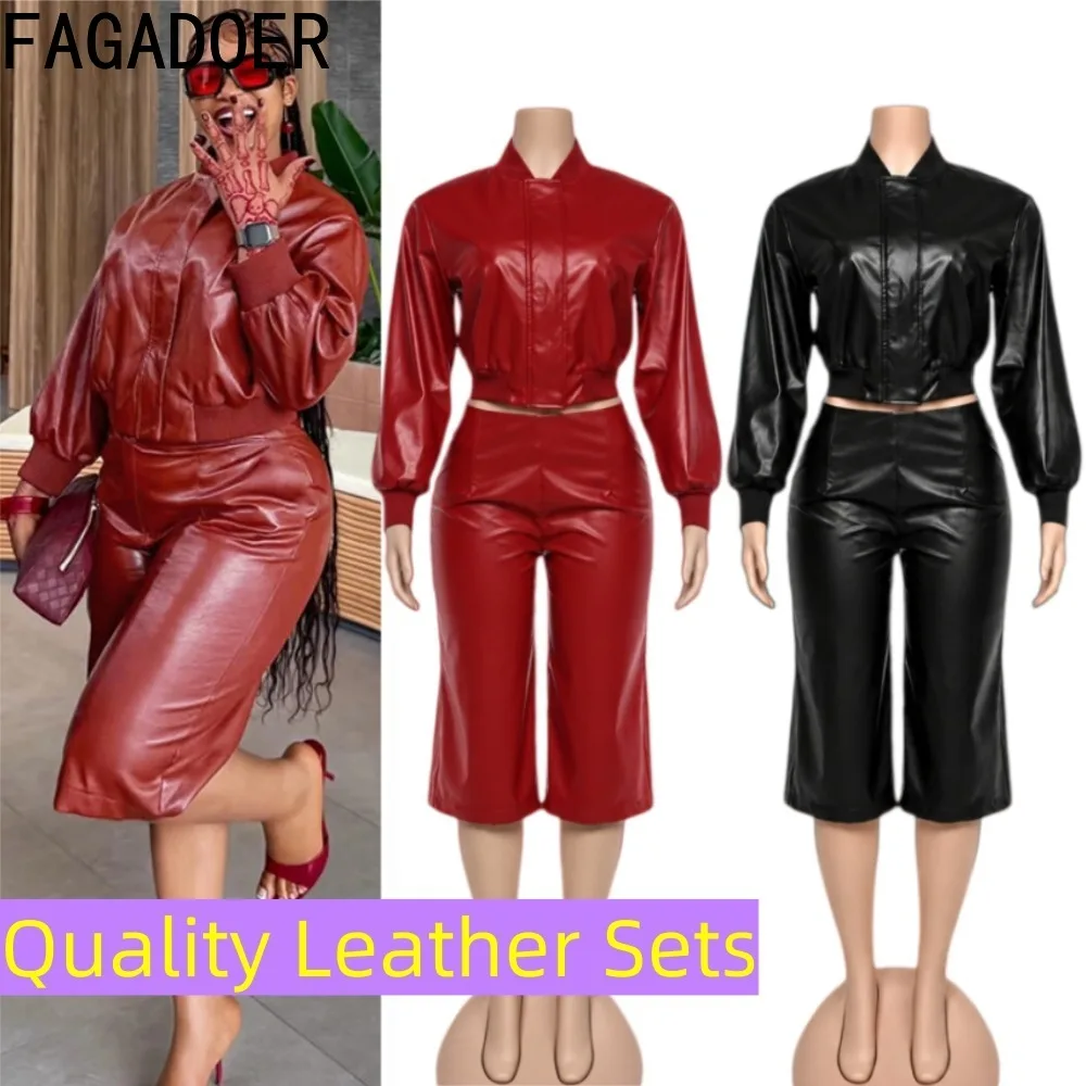 FAGADOER Women Quality PU Leather Two Piece Set Cropped Jacket High Waist Pants Zip Up Long Sleeve Fashion Streetwear Outfit New