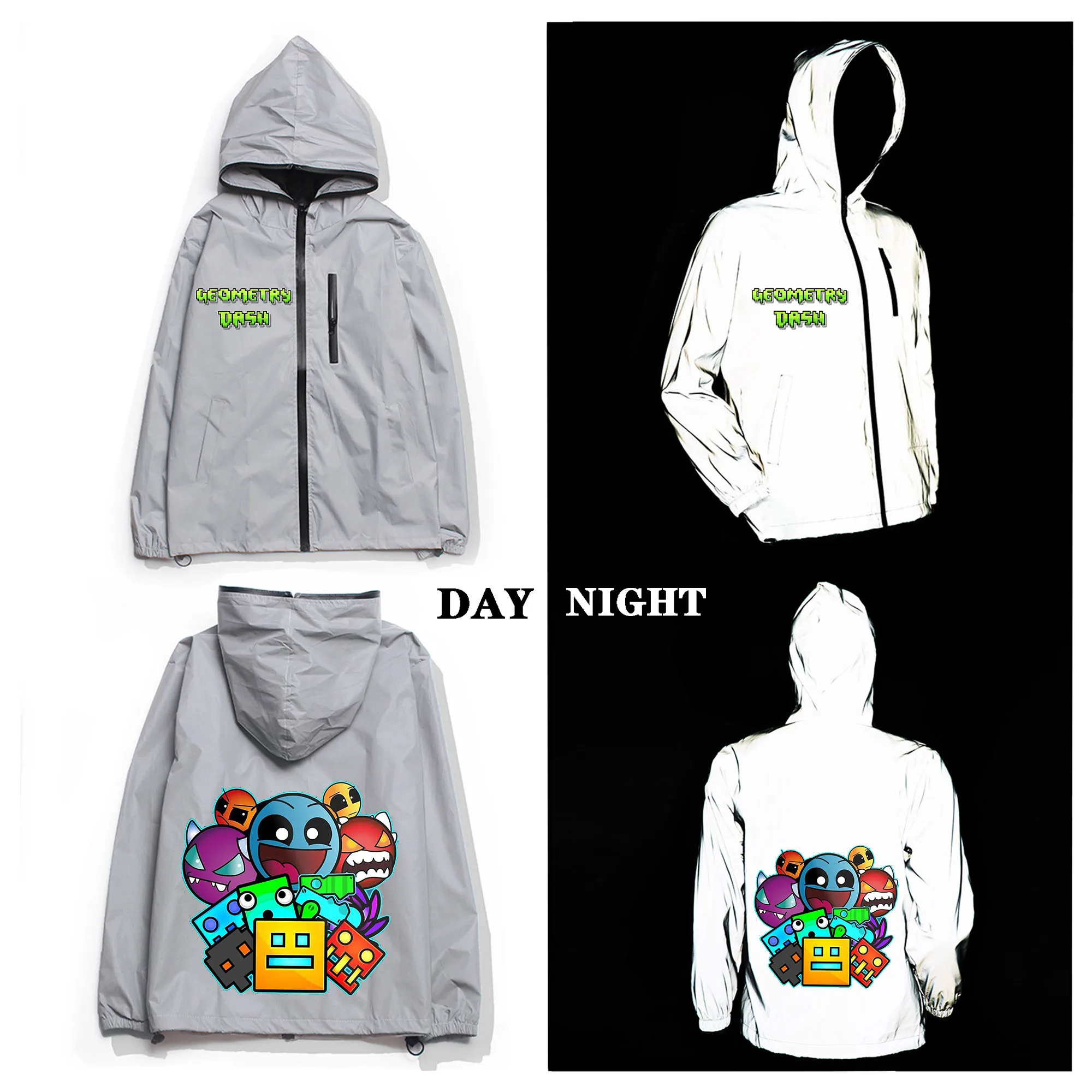 Geometry Dash Game Reflective Jacket Mens Womens Coat Hooded Windbreaker Run Pocket Jackets Cycling Hiking Zipper Custom Hoodie