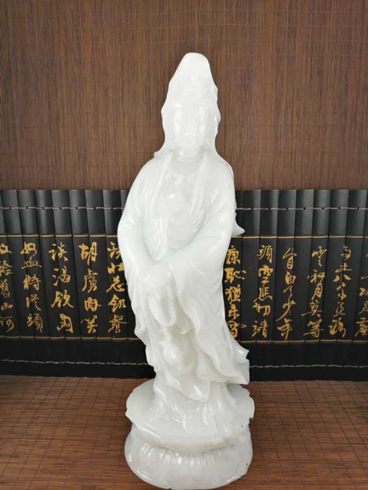 Natural White Jade Guanyin Buddha Statue - Hand-carved Avalokitesvara Ornament, Chinese  Style Tabletop Decor