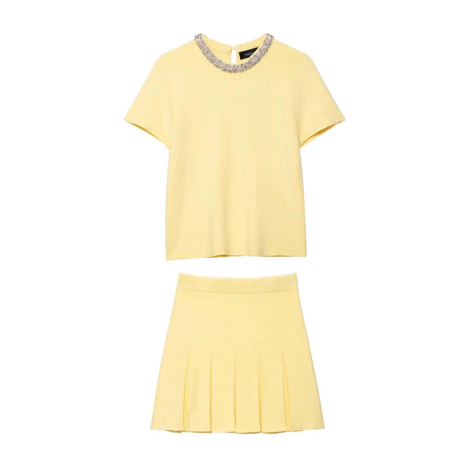 

Womens Suit 2025 New Fashion Summer Rhinestone Embellished Knit Womens Suit Pleated Mini Skirt Casual Chic Womens Suit