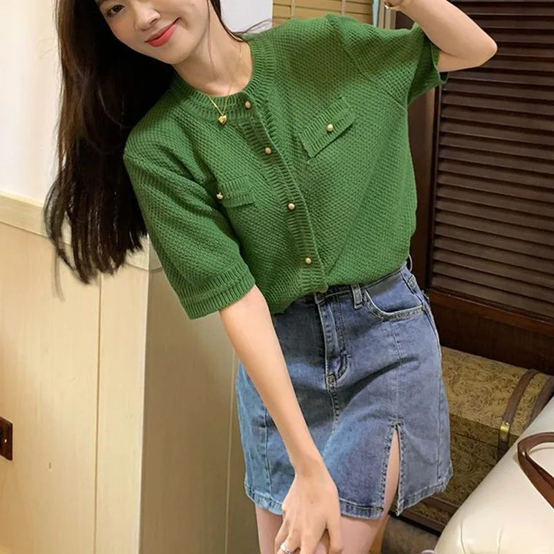 

2024 New Solid Color Knitting Tops Temperament Ladies Fashion Buttons Short Sleeve Women's Clothing Office Lady Blouses Coat