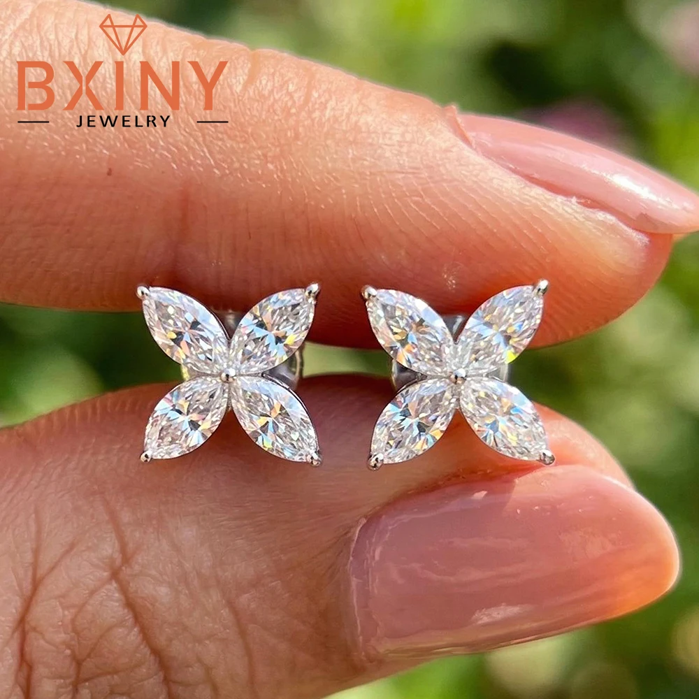 BXINY 2.4cttw Marquise Cut All Moissanite Stud Earrings Pure S925  Silver Flower Diamomd Ear Studs for Women Gifts Fine Jewelry