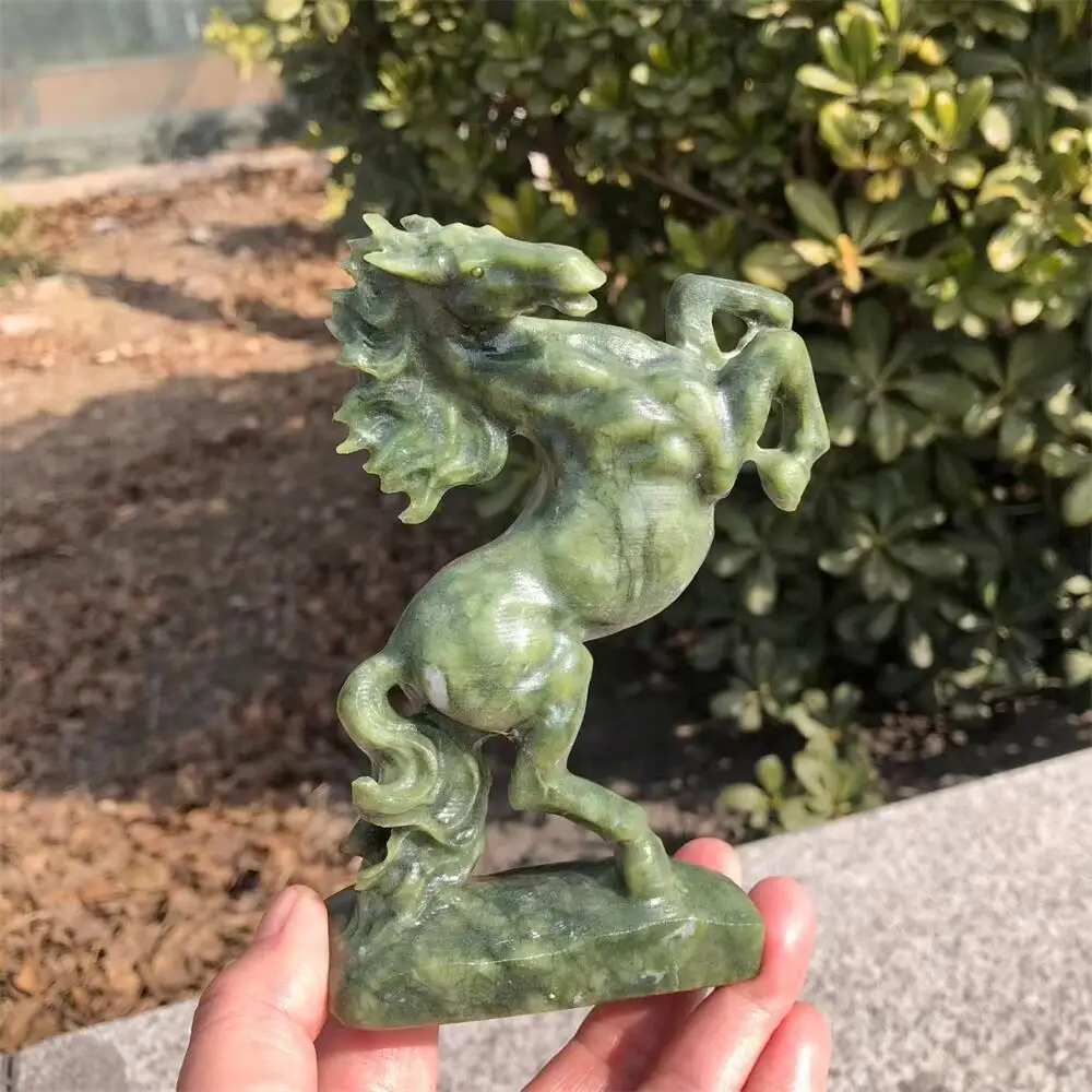 1PCS Natural Ophiolite Green Jade Horse Hand-Carved Healing Mineral Ornament Polished Animal Home Decor