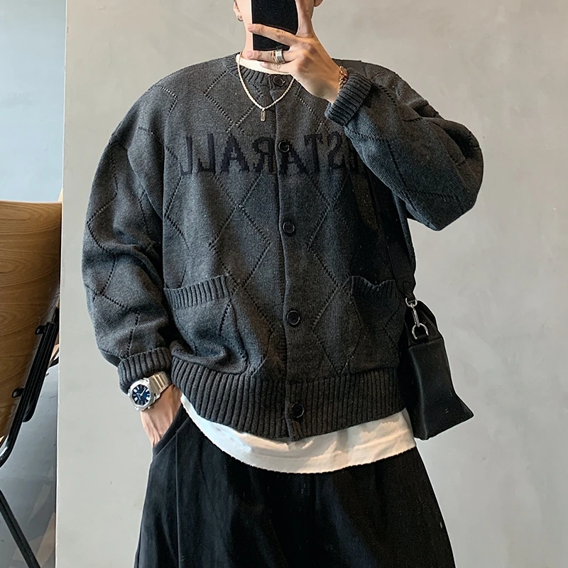 Korean Style Hip Hop Oversized Quilted Knitwear Cardigan For Men Women Streetwear Loose Fall Trendy Fashionable Sweater Coat