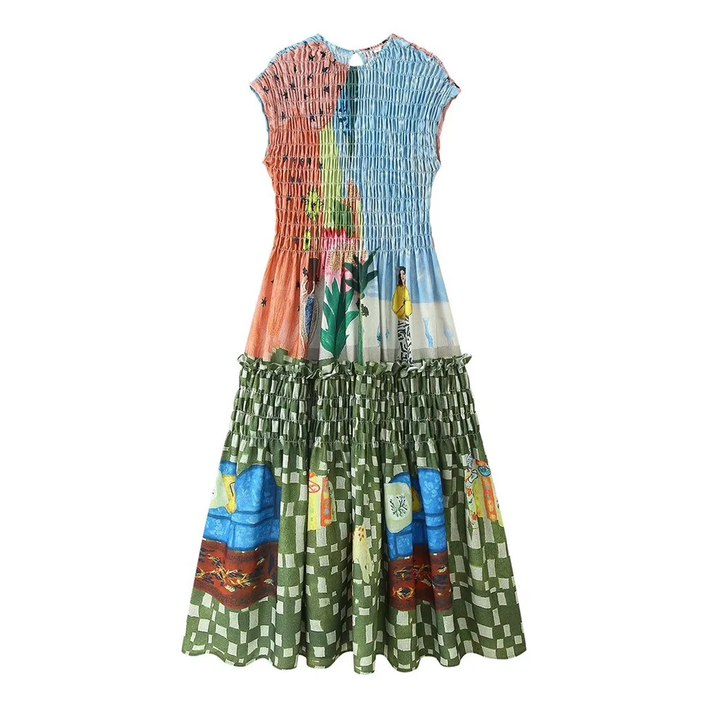 

This is a new summer 2025 women's dress with a retro print style a cinched waist, and a pleated design. It is a sleeveless dress