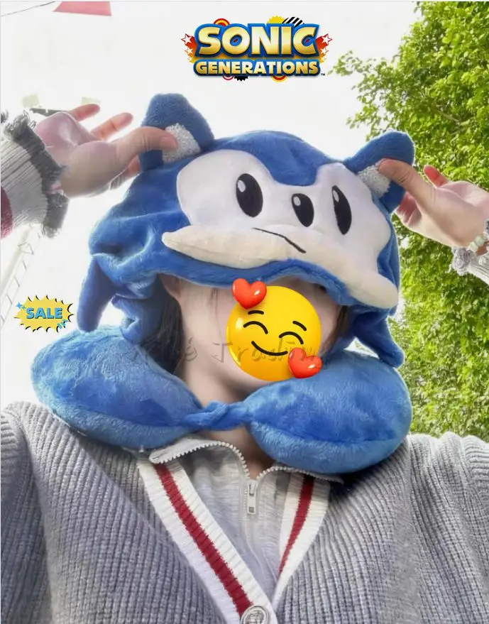 

Sonic Plush Neck Pillow: Blue Hedgehog Memory Foam U-Shaped Pillow with Hood Perfect for Travel and Car Rides Men and Women Gift