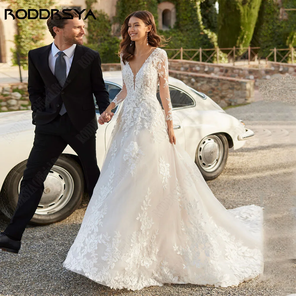 Roddrsy exquisito vestido de novia sin espalda V collar RODDRSY-exquisito vestido de novia con espalda descubierta, apliques con cuello en V, vestidos de novia de tul de línea A, Hochzeitskleider Damen grogen e grösche