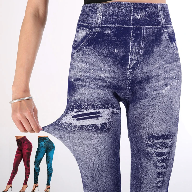 Sexy imitação de jeans leggings mulheres estiramento cintura alta calças de fitness magro empurrar para cima do esporte leggings para calças