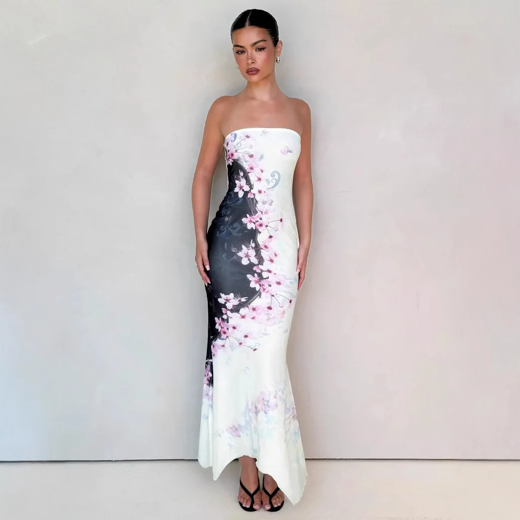 

2025 New Leather European And American Women's Summer New Sexy Strapless Wrap Hip Irregular Printed Dress Dress